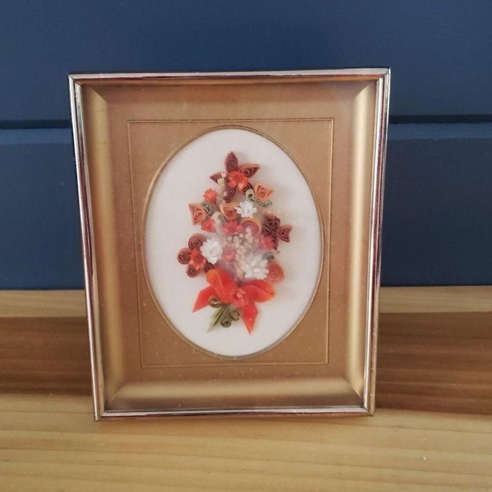 70s Orange and‎ Gold Framed Paper and Flower Art